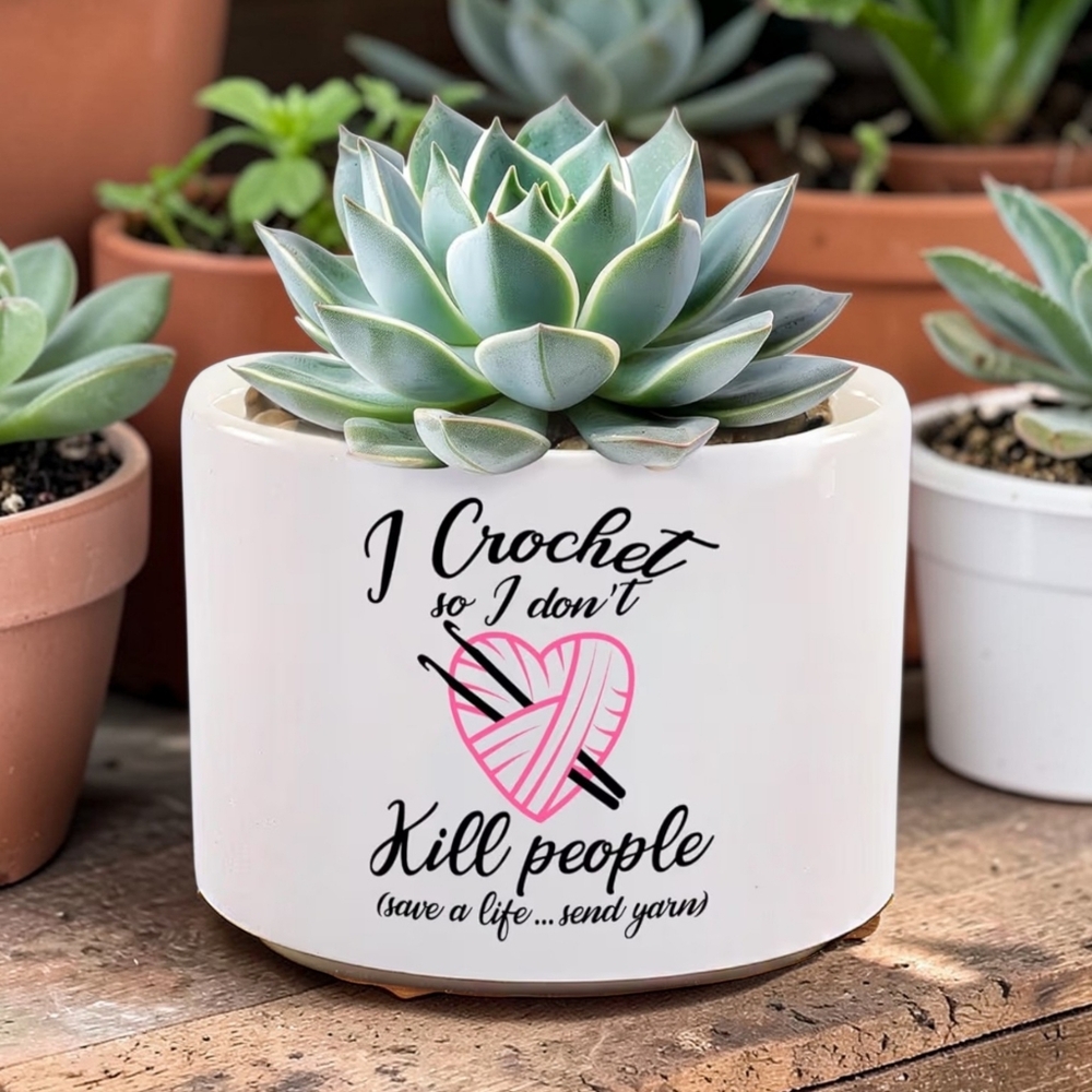 I Crochet So I Don't Kill People Ceramic Succulent Plant - Picture 4 of 5